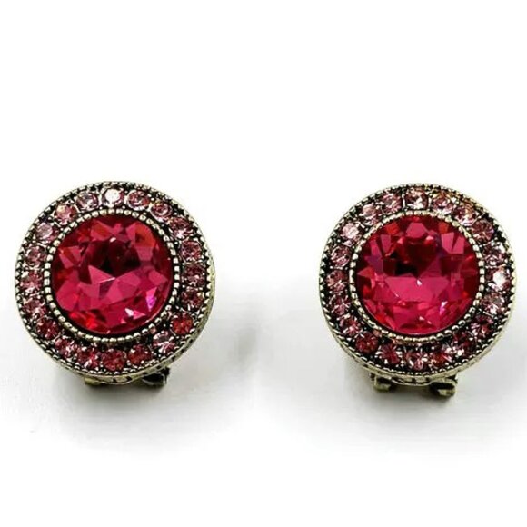 Heidi Daus Bright Fuchsia Crystal Round Earrings Gold Frame Classic Retro - Picture 1 of 2